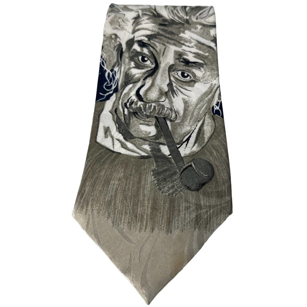 Albert Einstein W.B. Novelty Necktie Smoking a Pipe Ivory Navy Blue Beige